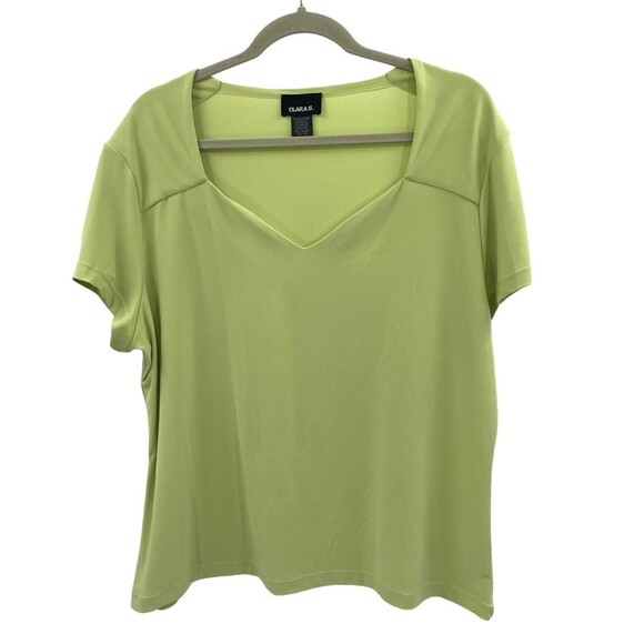 Clara Sunwoo Top Size 1X Slinky Knit V-neck Split Short Sleeves Light Green - Picture 1 of 7